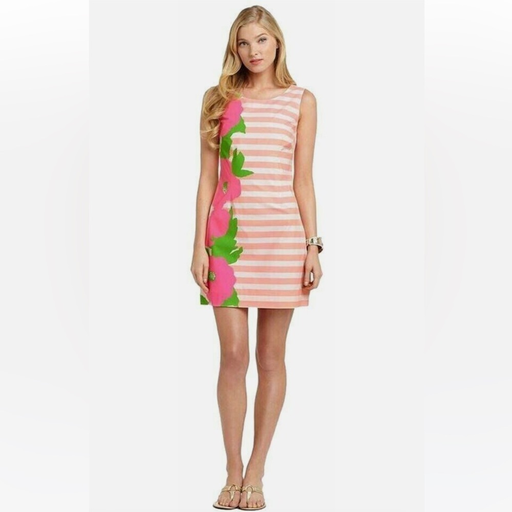 Lilly Pulitzer Delia Sunrise Stripe Floral Cotton Dress Orange Pink Green Size 6
